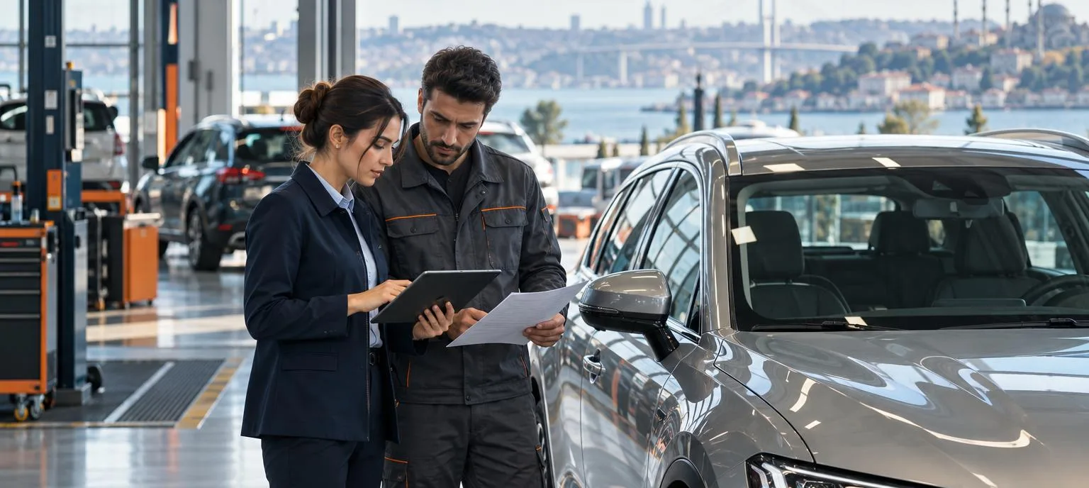 Serviste araç başında tablet üzerinden iş planı yapan satış ve servis ekibi